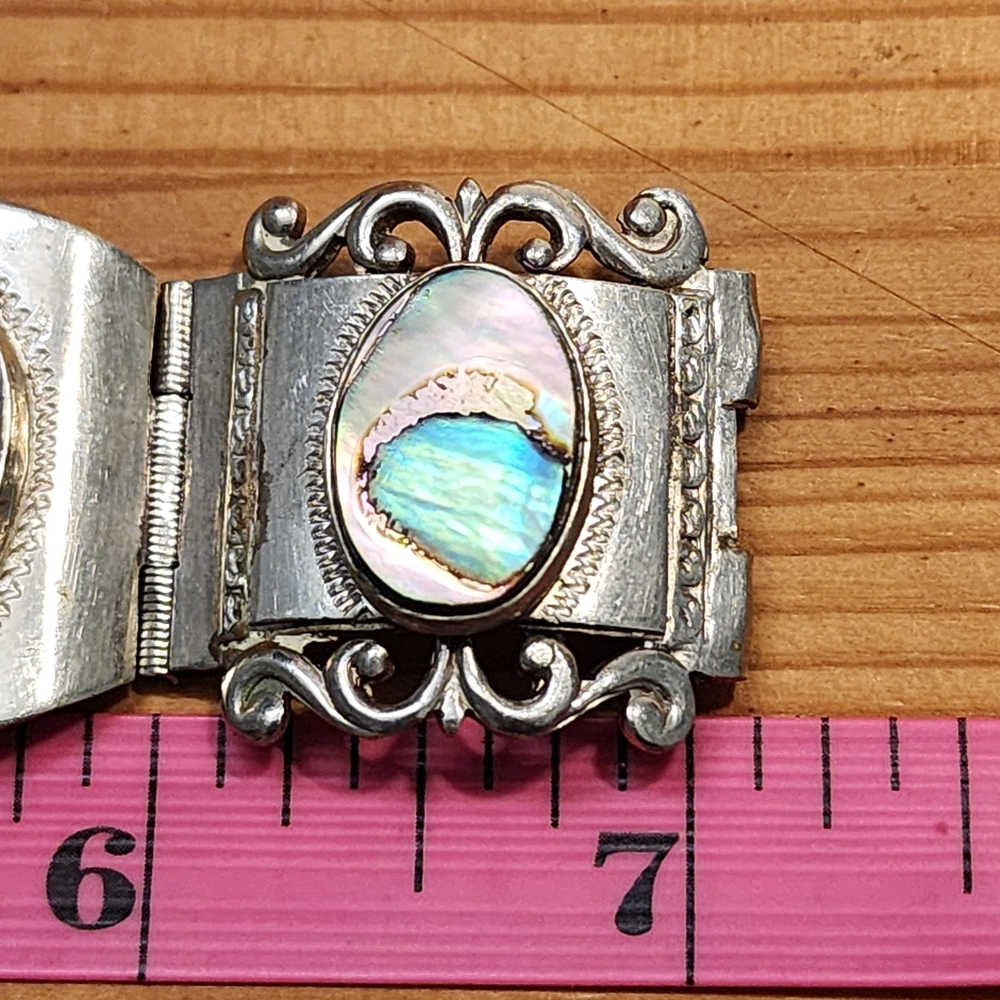 Vintage Taxco Sterling Silver 925 Abalone Panel Bracelet Mexico 7" Ornate - Picture 9 of 15